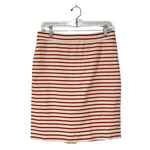 J. Crew No 2 Pencil Skirt Size 2 Red Ivory Stripe Knee Length Linen Cotton
